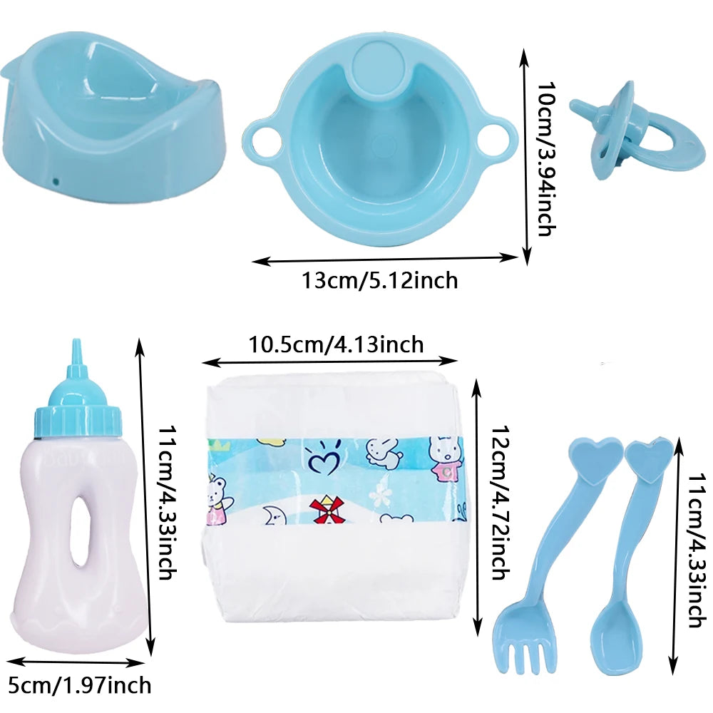 A set of doll feeding and care accessories including a blue bowl, a pink bottle, and a blue fork.