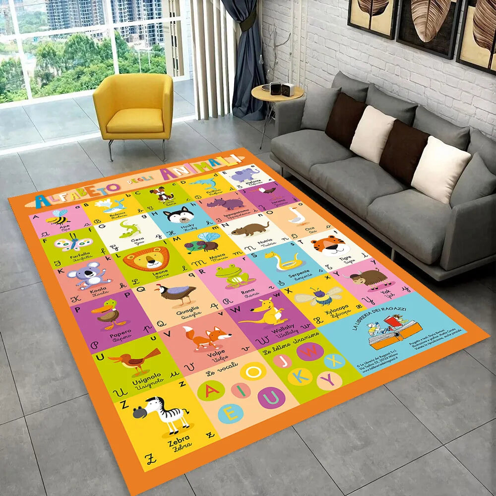 A colorful alphabet cartoon rug featuring letters and animals for a kids playroom or nursery.