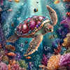 A vibrant underwater scene featuring a turtle amidst colorful coral and marine life.