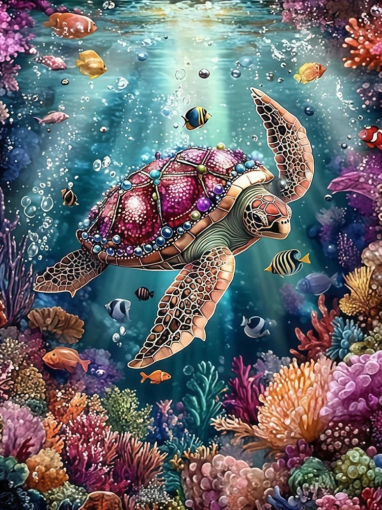 A vibrant underwater scene featuring a turtle amidst colorful coral and marine life.