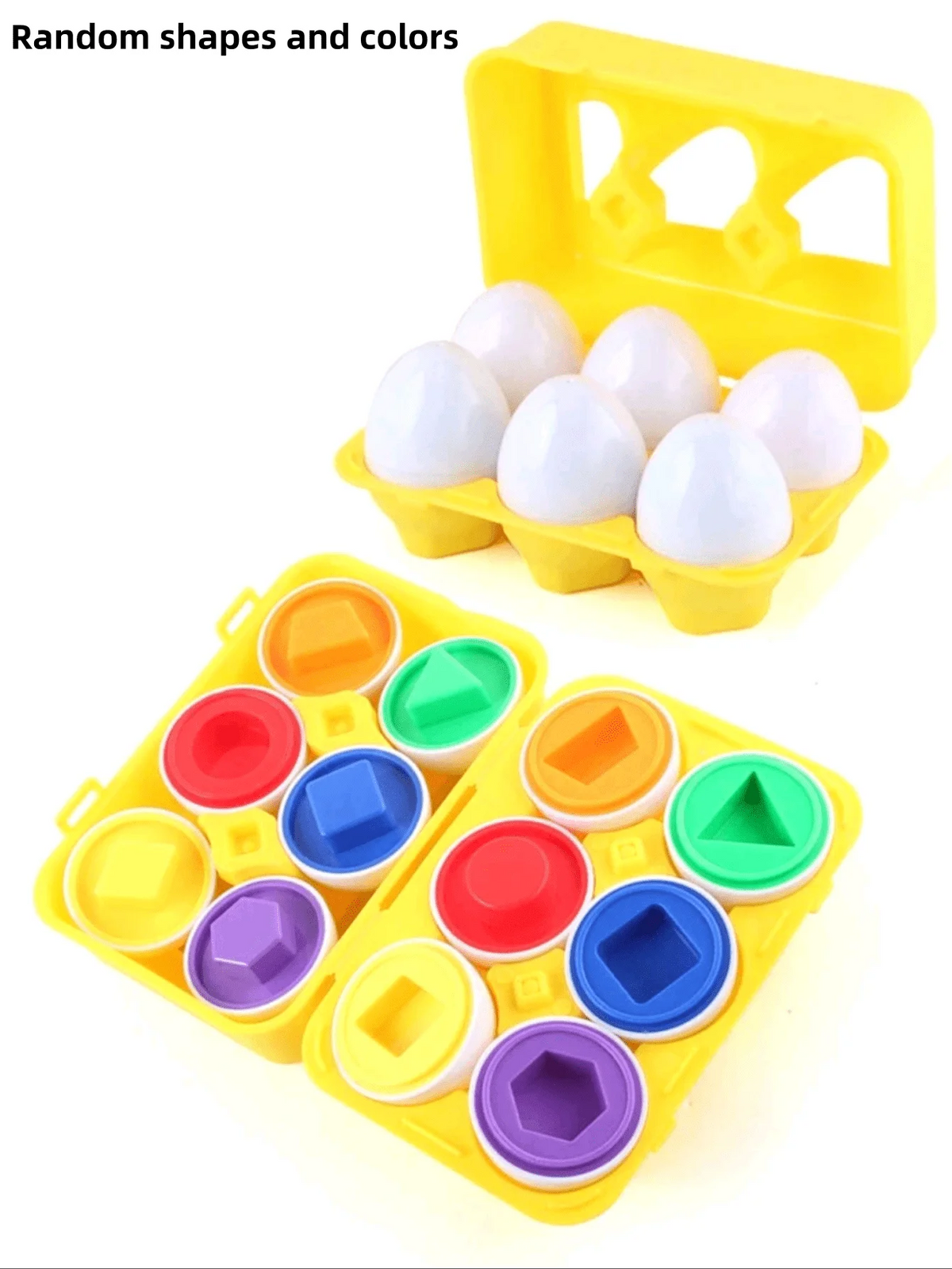 A yellow plastic puzzle box filled with white foam shapes and a tray of colorful plastic sorting pieces.