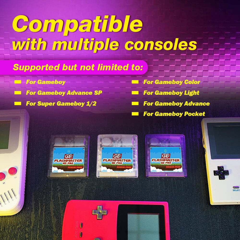 A display showing compatible game cartridges for various Game Boy consoles, including Color, Light, Advance SP, and Pocket.