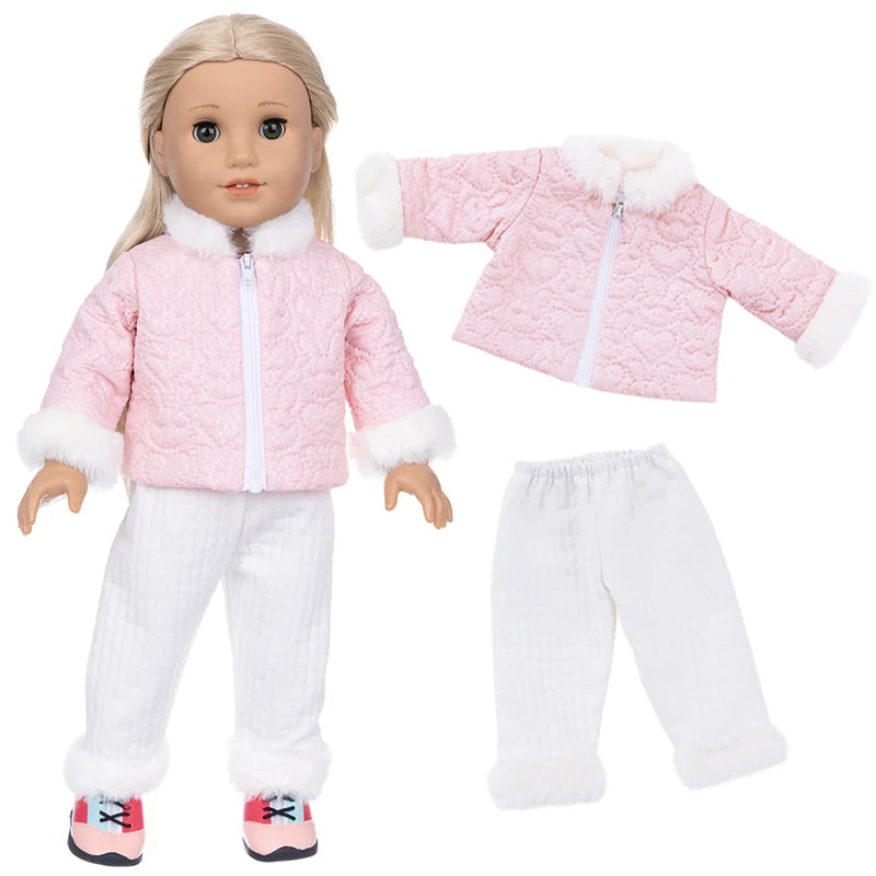 A doll wearing a pink faux fur winter coat and matching white pants with white trim.