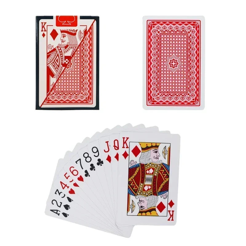 A set of waterproof plastic playing cards featuring a red and black design, including a King card.