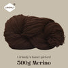 A ball of dark brown Merino wool yarn labeled LIRISNLY, ready for knitting or spinning.