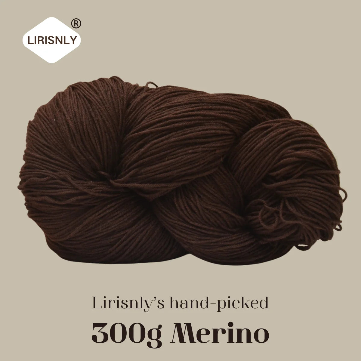 A ball of dark brown Merino wool yarn labeled LIRISNLY, ready for knitting or spinning.