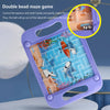 A purple plastic maze game board with colorful fish figures and a ball, showing how to control balance to reach the end point