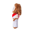 A brown cartoon Jesus plush pillow with a red shirt and white robe.