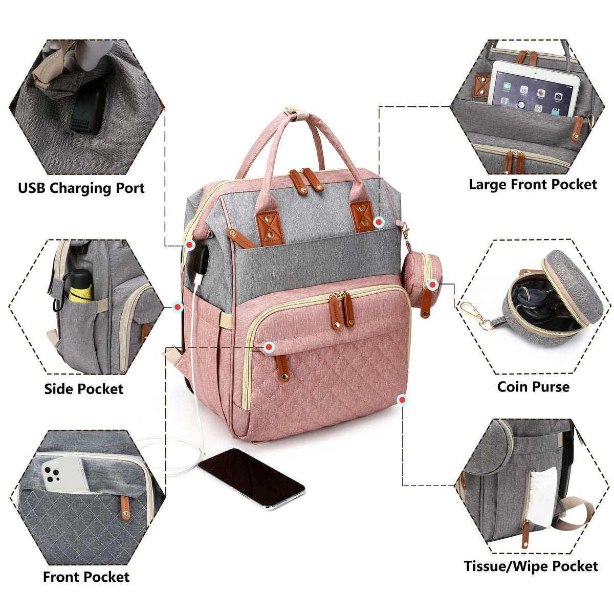 Sac à langer gris et rose tout-en-un avec plusieurs poches, y compris un port USB, une bourse à pièces et des lingettes/coton