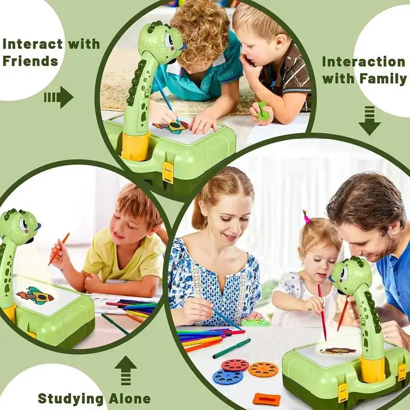 A green kids drawing projector is shown in various contexts interacting with friends, family, and studying alone.