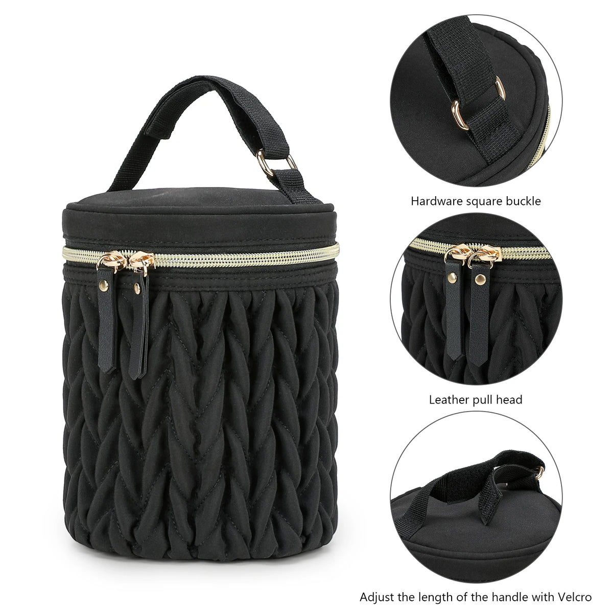 Black knitted organizer bag with a gold hardware square buckle and leather pull head for stroller accessories