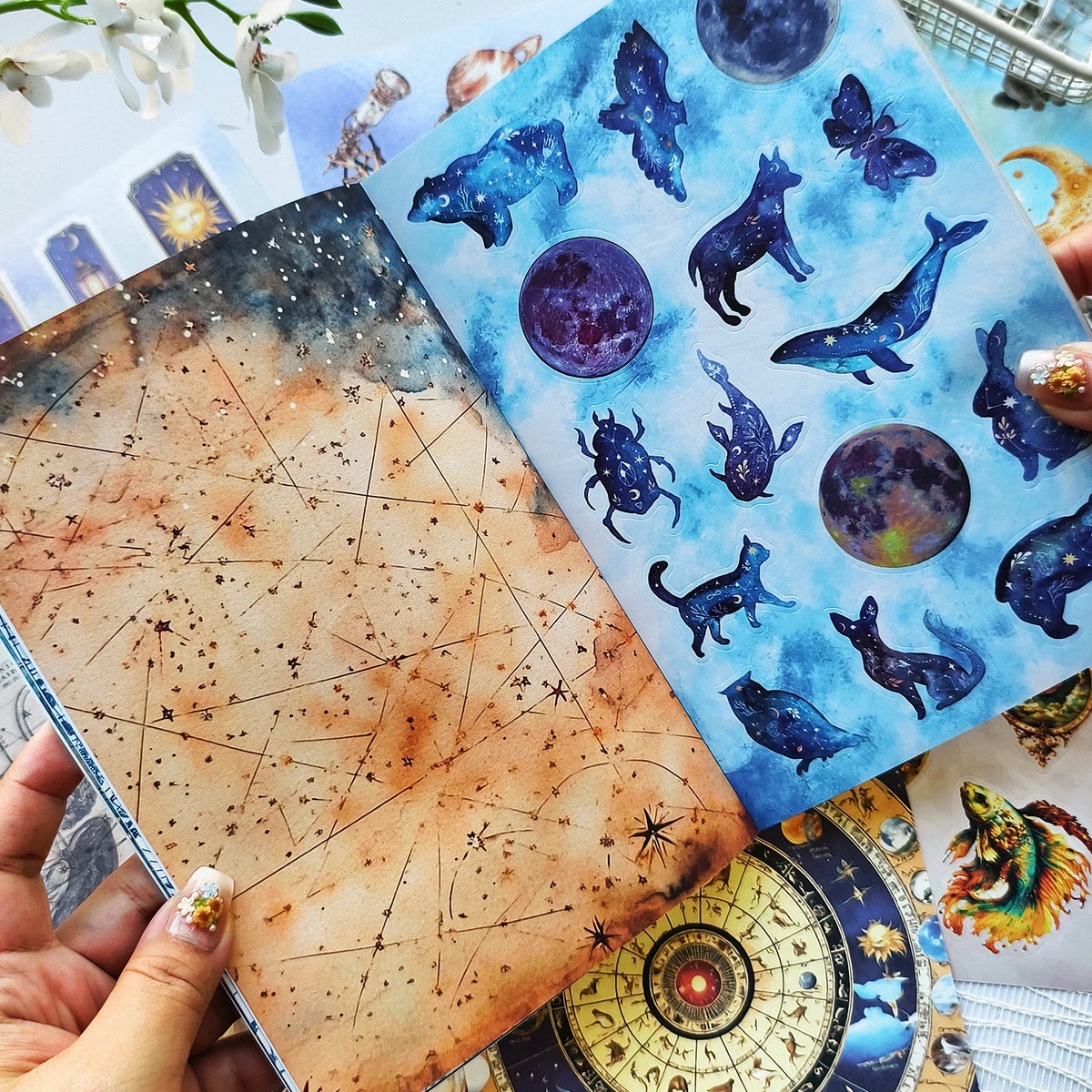 A collection of retro astronomy stickers featuring celestial bodies, constellations, and space themes for planners and journa