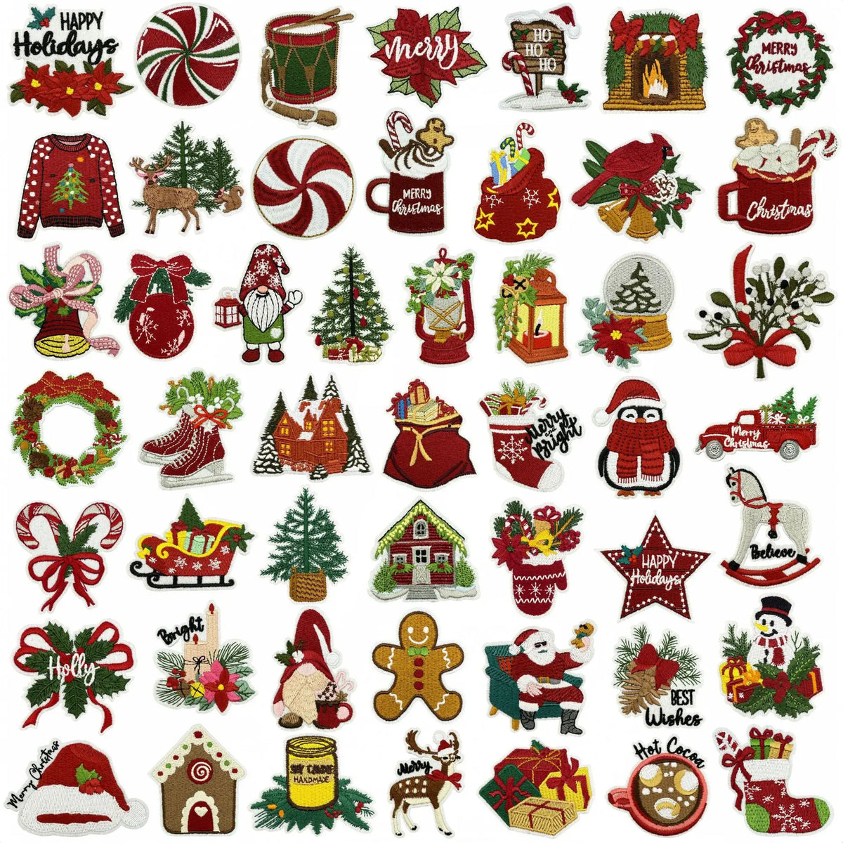 A collection of festive cartoon character iron-on patches featuring Christmas and holiday themes.