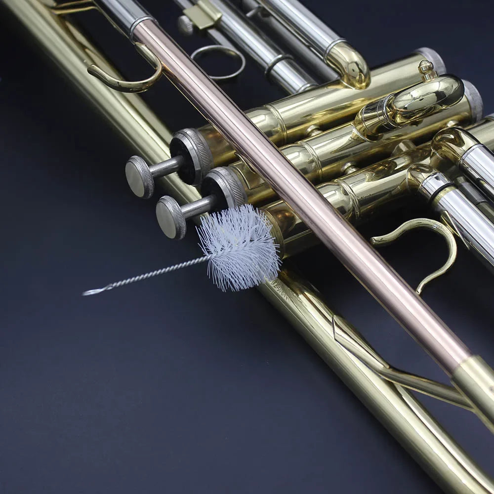 A close-up view of a brass instrument, likely a trumpet or cornet, showing parts and cleaning brushes.
