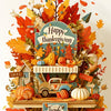 A vibrant autumn scene featuring pumpkins, colorful leaves, and a vintage truck used as context for a diamond painting kit.