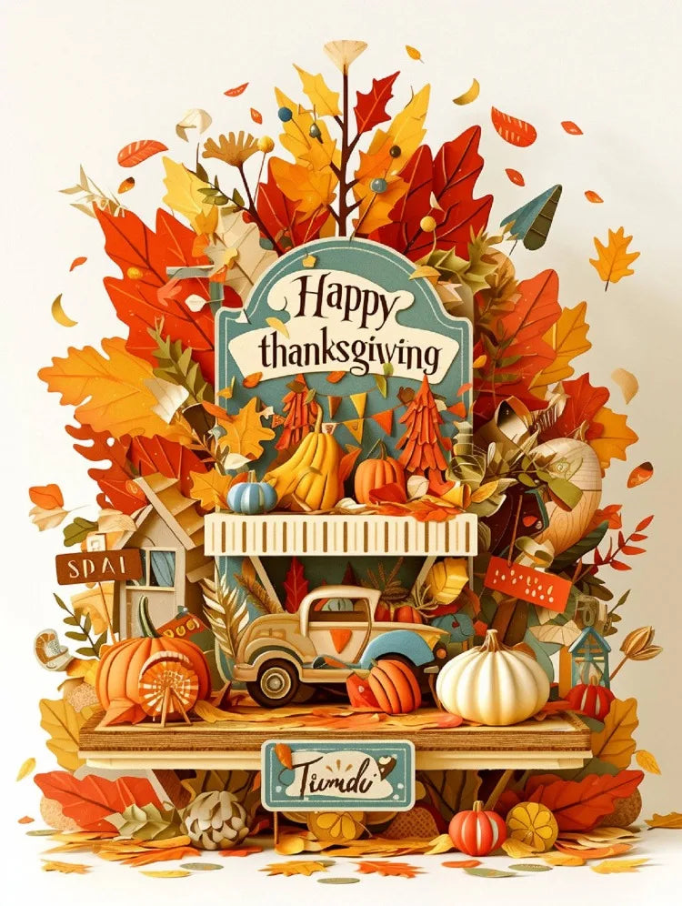 A vibrant autumn scene featuring pumpkins, colorful leaves, and a vintage truck used as context for a diamond painting kit.