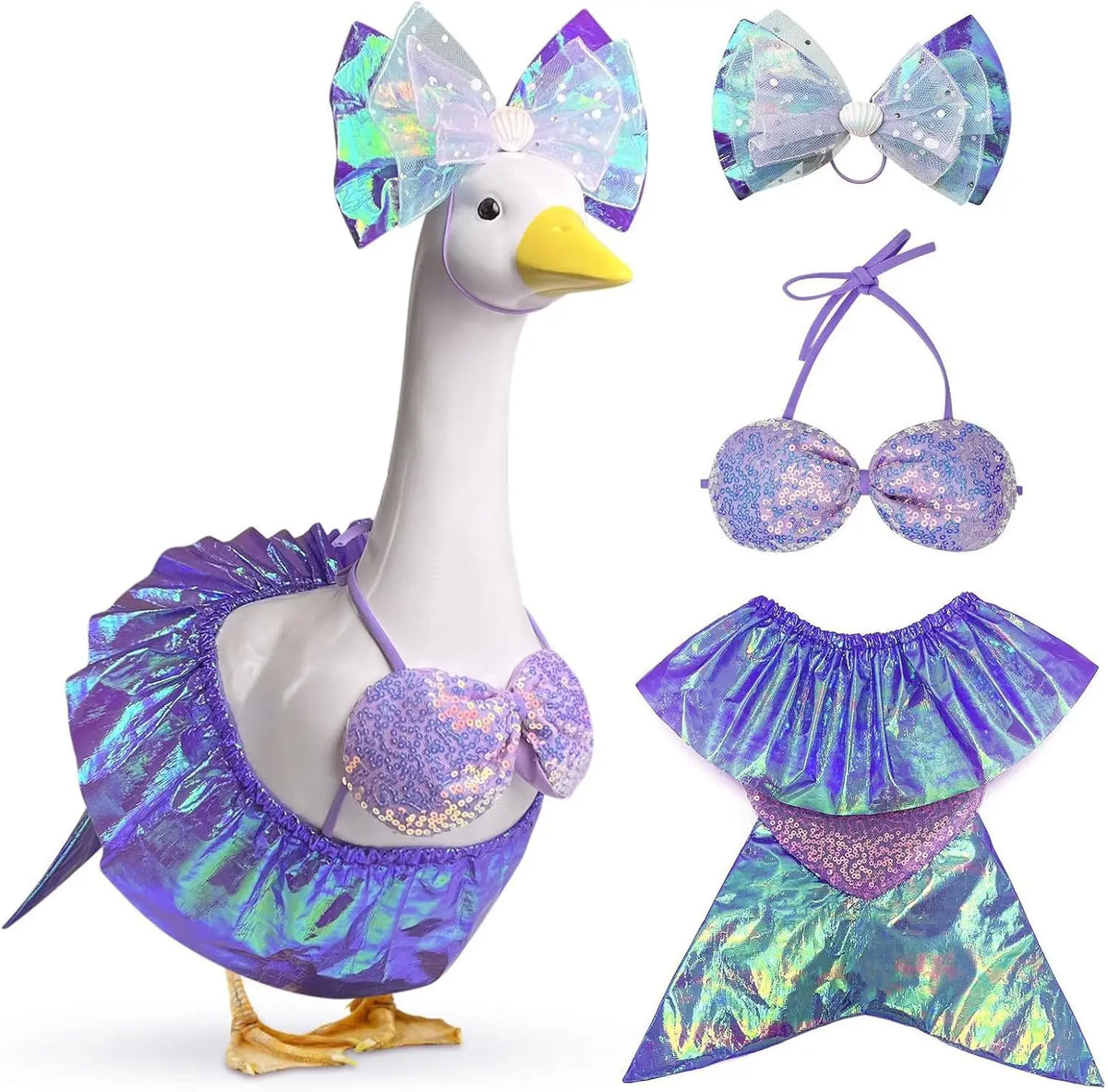 Robe de oie blanche avec tissu iridescent violet et un nœud assorti.