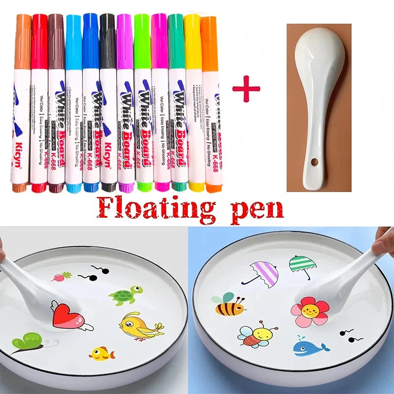 A set of floating pens and a white pen demonstrating the magical water painting pen kit for kids