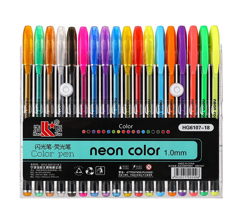 A set of metallic glitter gel pens in various colors and sizes for art and journaling.