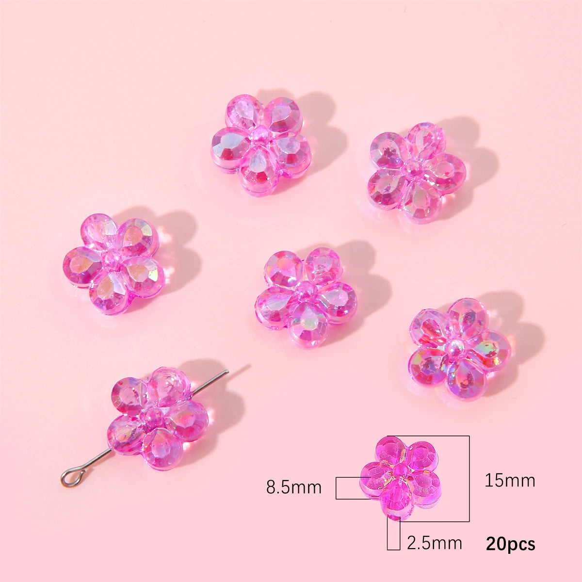 A collection of pink and purple acrylic flower beads for DIY jewelry making, shown with size measurements.