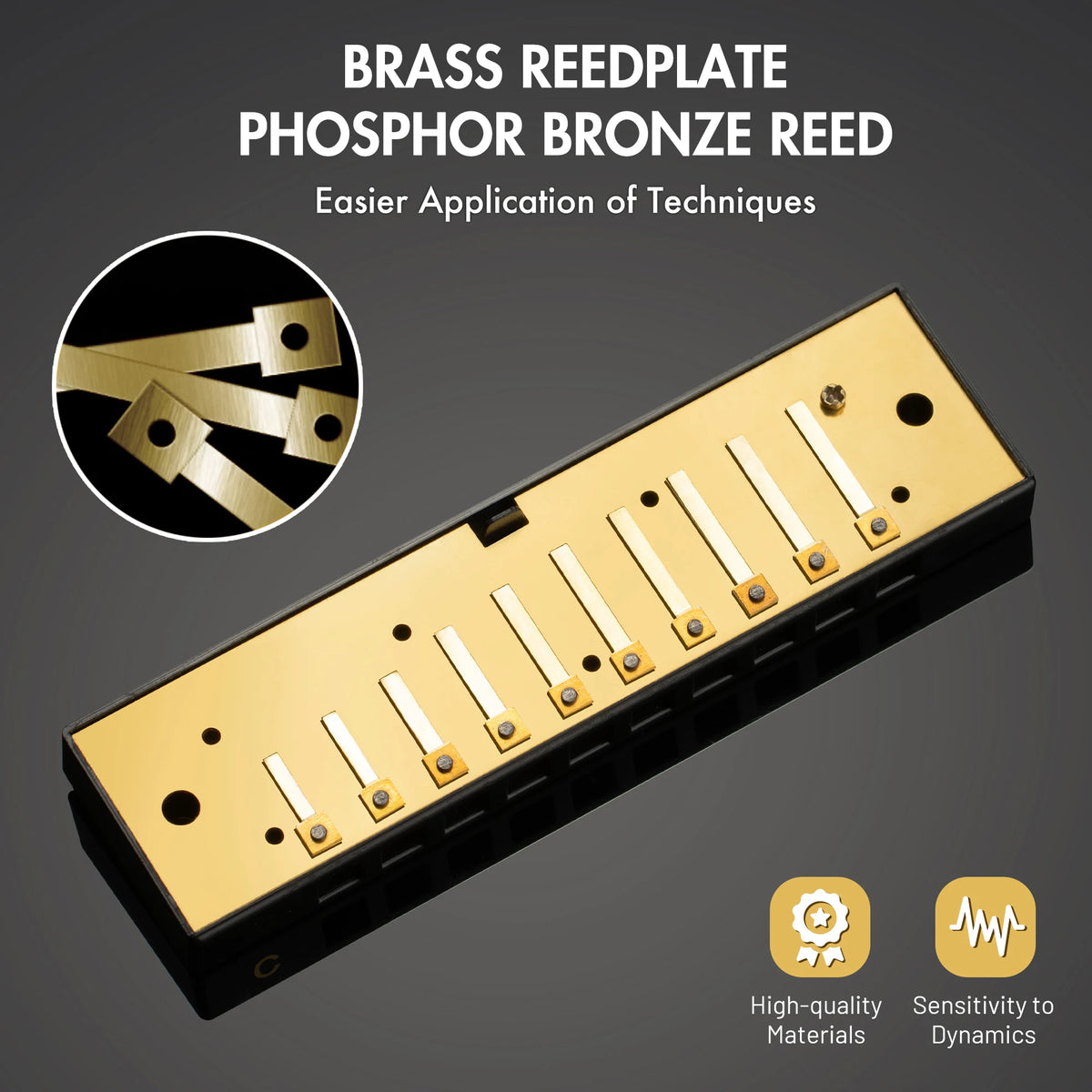 Brass reedplate phosphor bronze reed product featuring a gold-colored reed assembly.