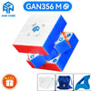 A blue and red magnetic speed cube, the GAN356M, is shown in a close-up view with its components.