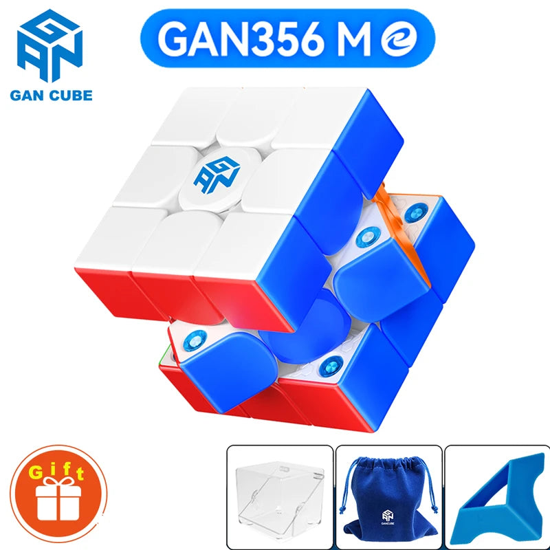 A blue and red magnetic speed cube, the GAN356M, is shown in a close-up view with its components.