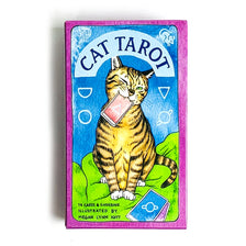 A vertical deck of Cat Tarot cards featuring a golden tabby cat illustration and blue background.