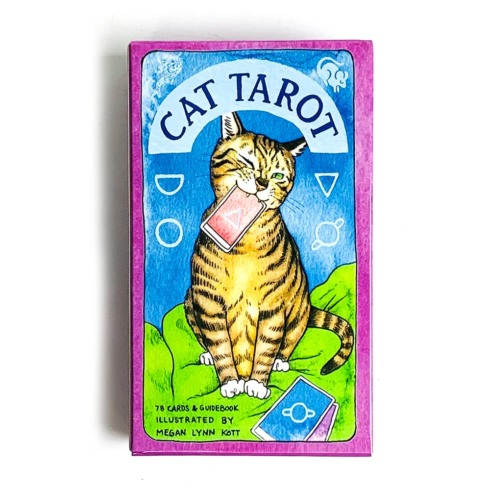 A vertical deck of Cat Tarot cards featuring a golden tabby cat illustration and blue background.
