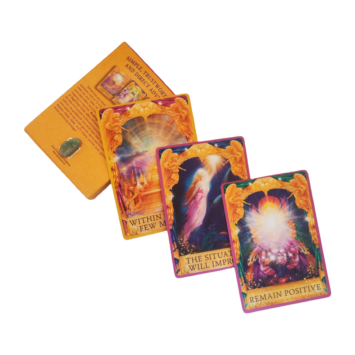 A stack of four oracle cards featuring mystical imagery and text for divination