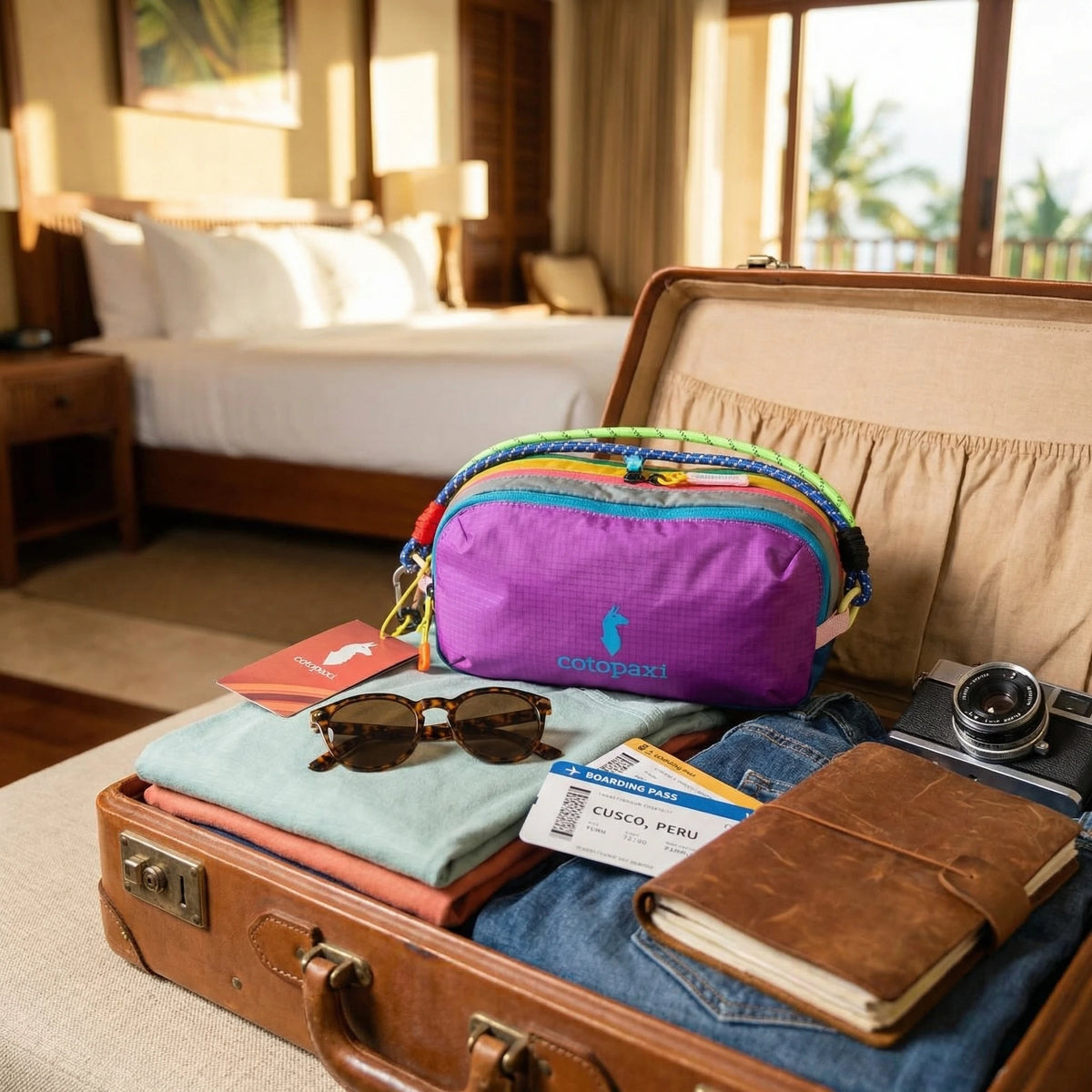 A brown leather suitcase opens to reveal a purple alpaca themed travel storage bag, sunglasses, and a passport.