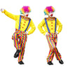 A classic clown costume set featuring a yellow shirt, striped pants, and brightly colored curly hair.