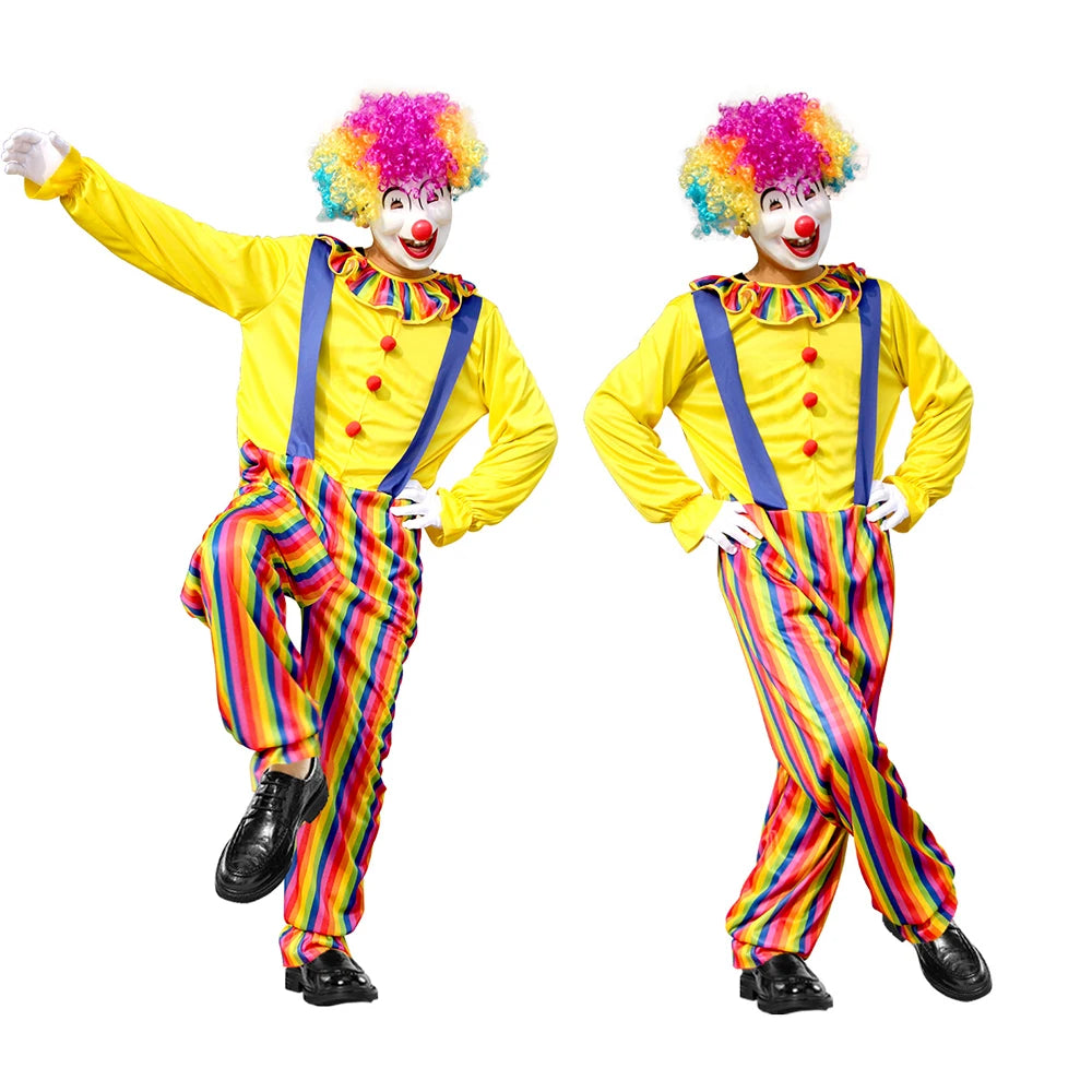 A classic clown costume set featuring a yellow shirt, striped pants, and brightly colored curly hair.