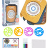A yellow painting storage box set featuring geometric spirograph drawing templates and paintbrushes.