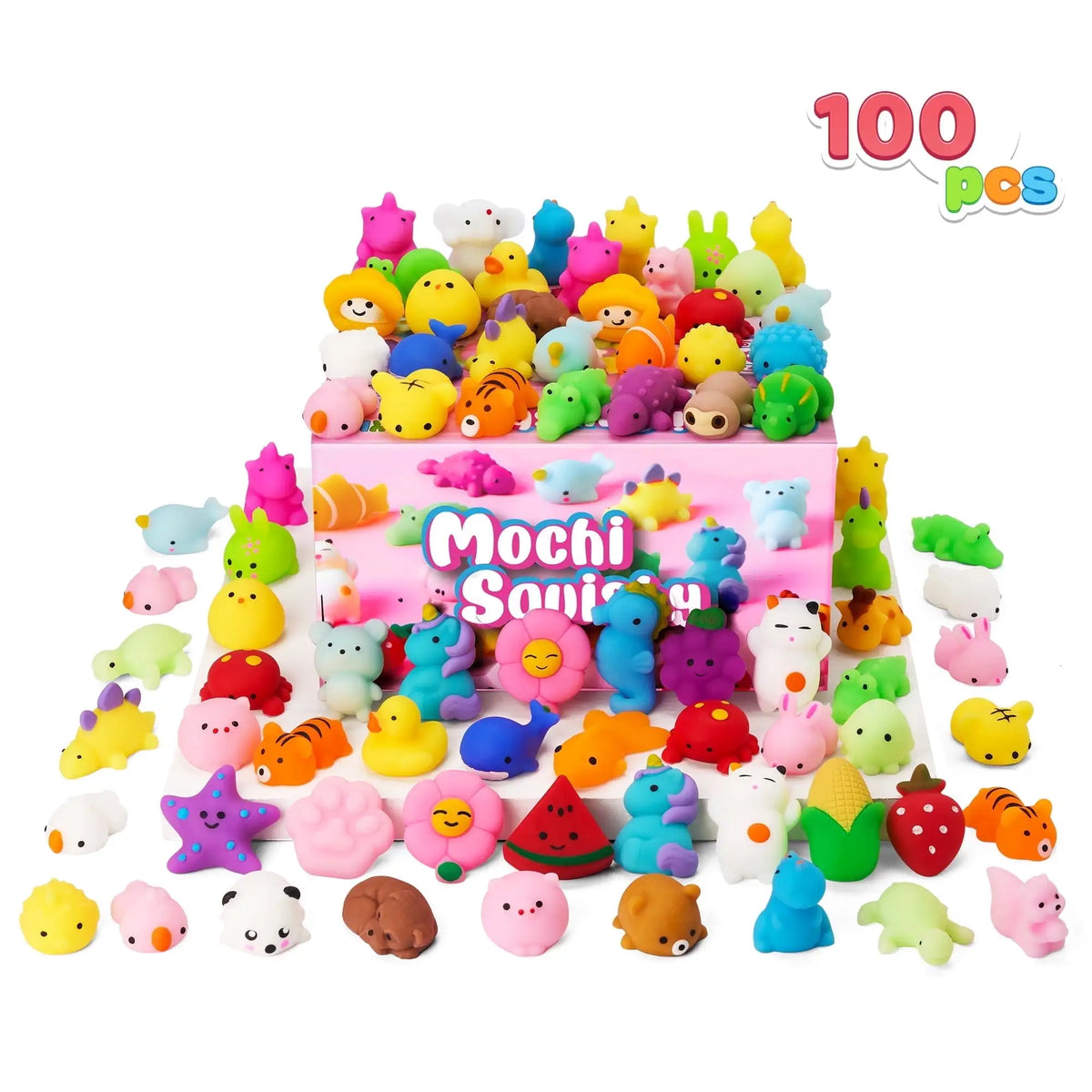 Mini Mochi Squishy Toys Assortment – 100-Pack Animal & Fruit Stress Relievers