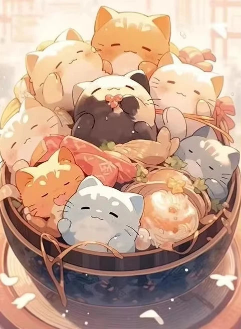 A pile of cute cartoon cat figures in various poses and colors, suggesting a diamond painting kit or craft supplies.