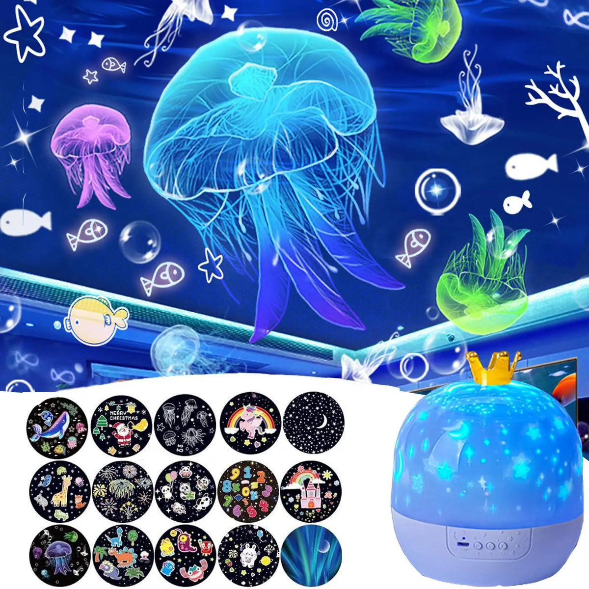 A blue spherical projector night light displaying a vibrant, swirling starry sky and aquatic life.