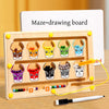 A wooden maze drawing board with various colored and numbered magnetic dinosaurs for learning