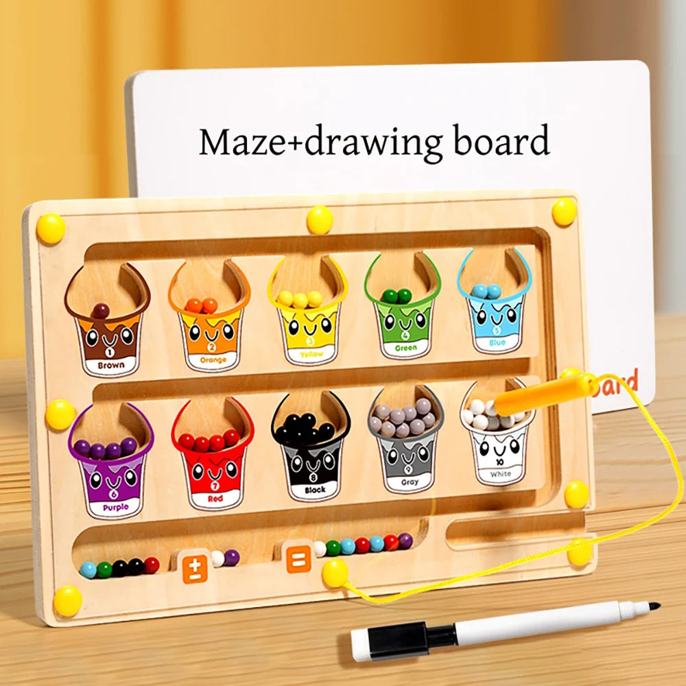 A wooden maze drawing board with various colored and numbered magnetic dinosaurs for learning