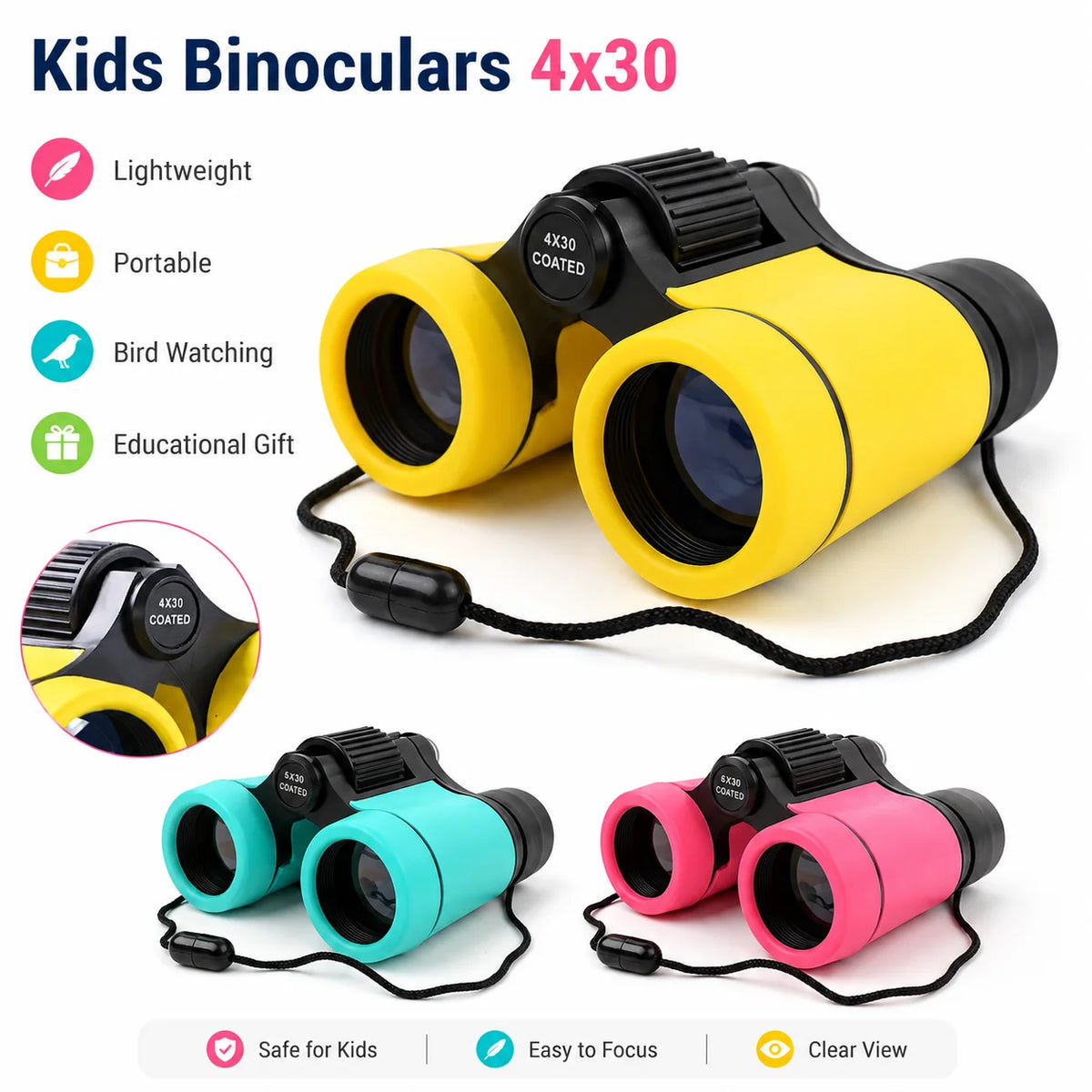 A set of four lightweight, portable binoculars in yellow, teal, and pink colors shown with a cord.