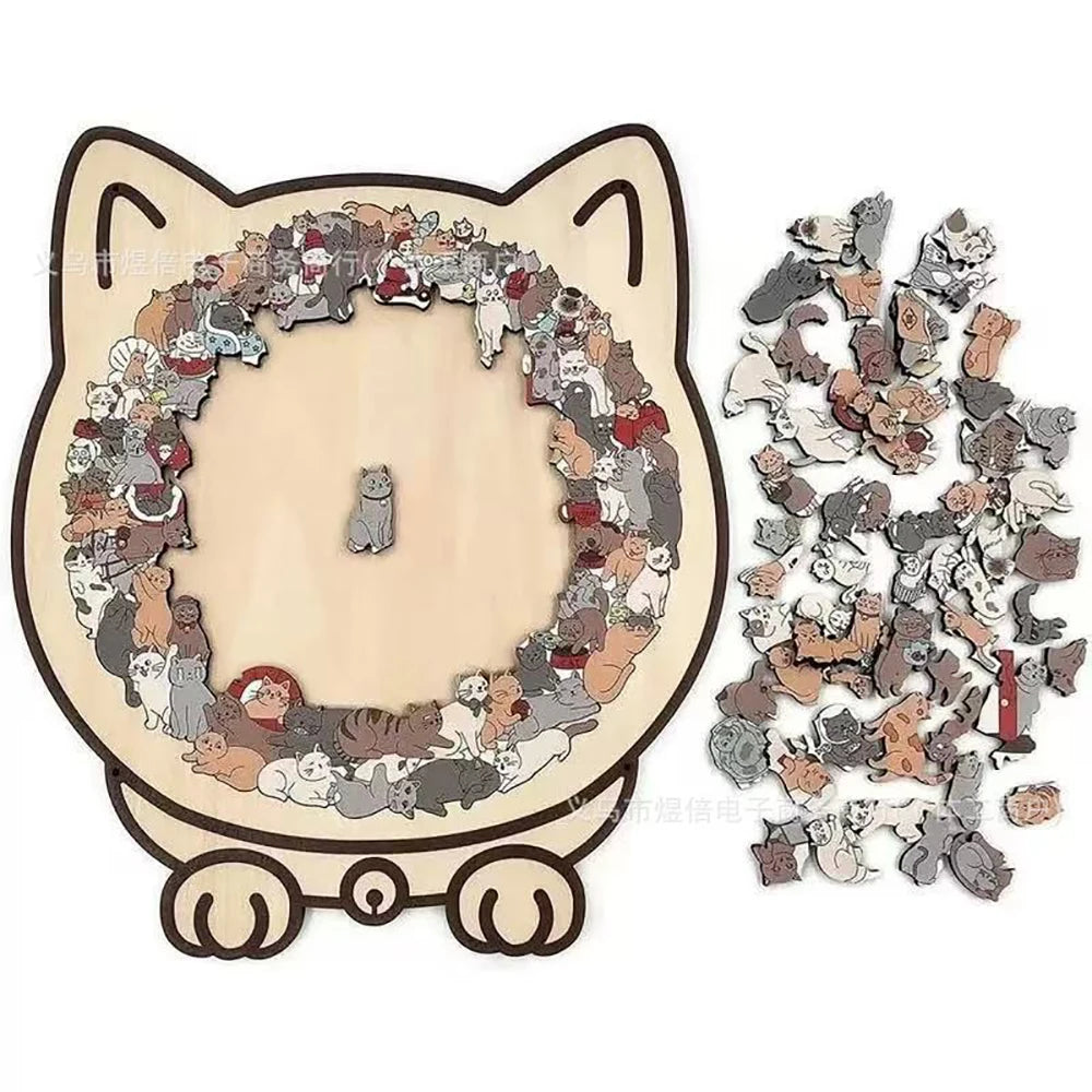A wooden jigsaw puzzle shaped like a cat, featuring 135 pieces depicting various cats.