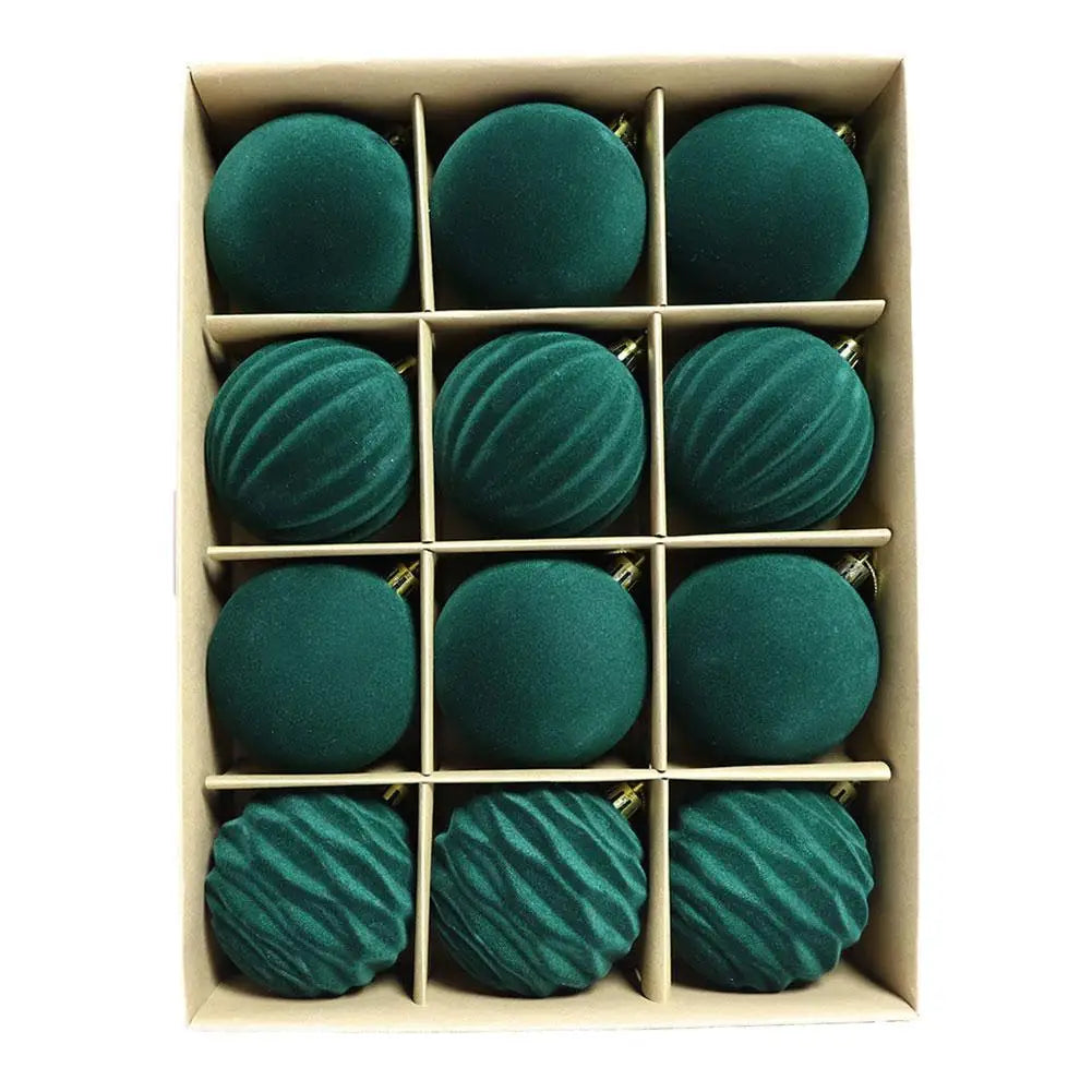 Set of 12 Velvet Flocked Christmas Tree Ornaments in Green