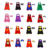 A collection of various superhero capes and masks in different colors and designs for dress-up play.