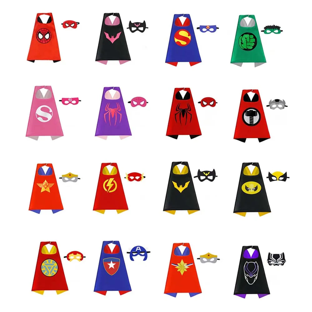 A collection of various superhero capes and masks in different colors and designs for dress-up play.