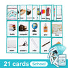 A set of 21 school and classroom themed flashcards featuring various vocabulary and learning concepts.