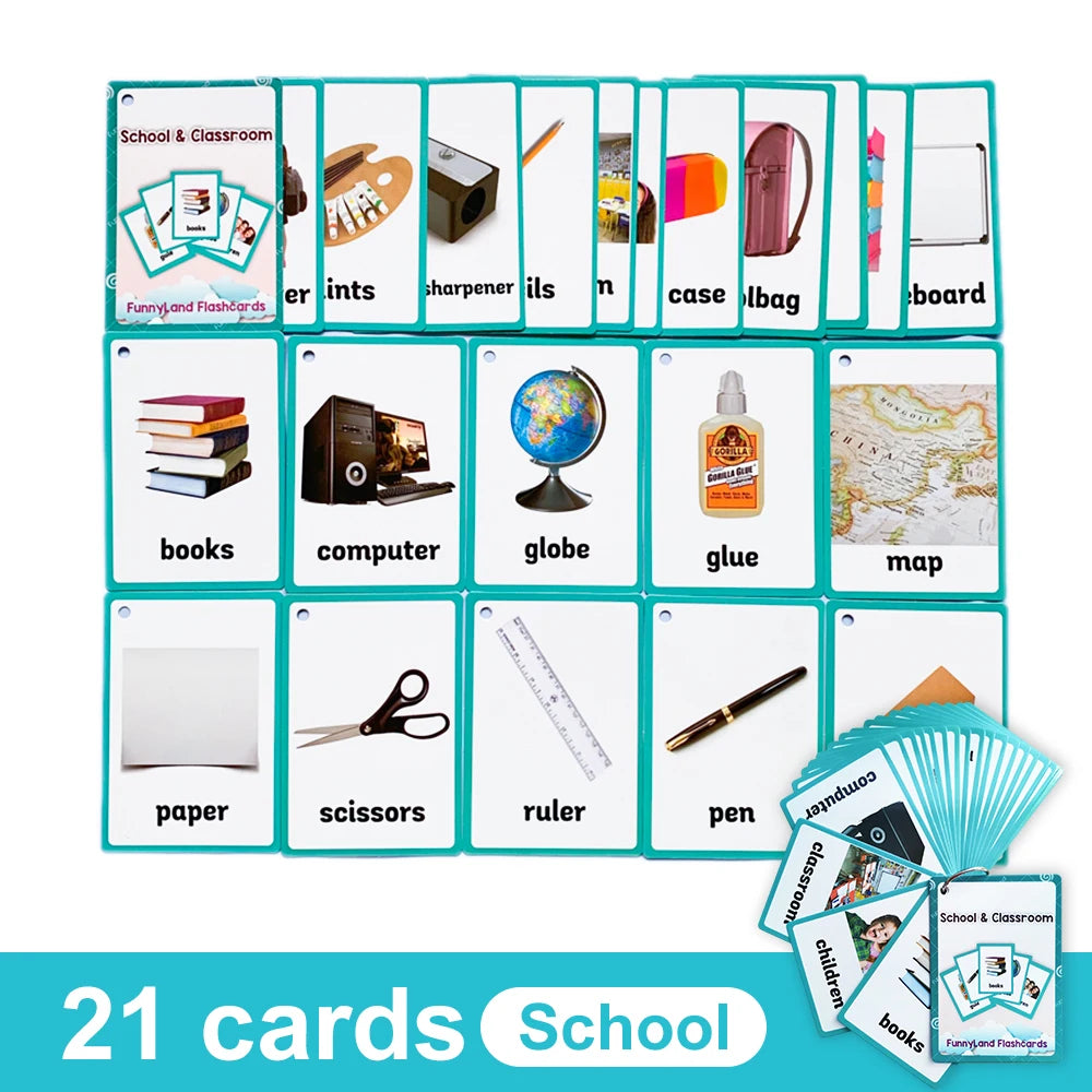 A set of 21 school and classroom themed flashcards featuring various vocabulary and learning concepts.