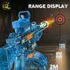 A blue automatic electric UMP45 water blaster is displayed, firing a stream of water toward a target.