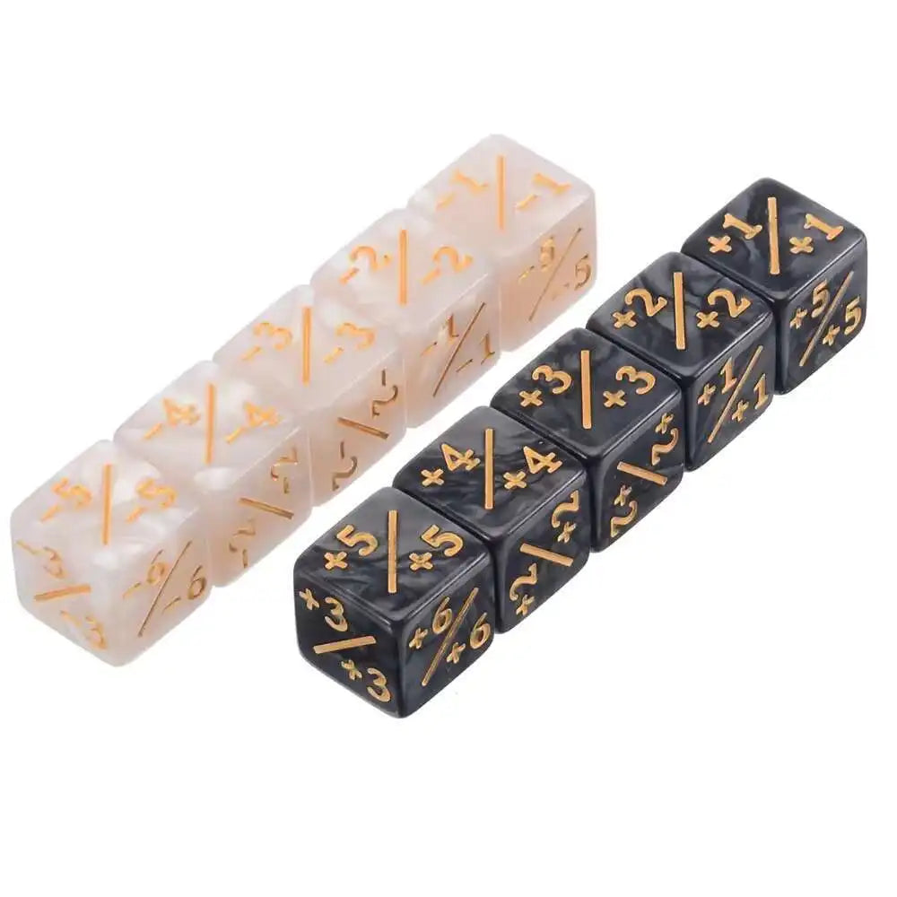 A set of ten dual-color counting dice showing numbers 1 through 5 in translucent white and black.