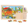 A wooden jigsaw puzzle featuring various colorful farm animals and a barn scene.