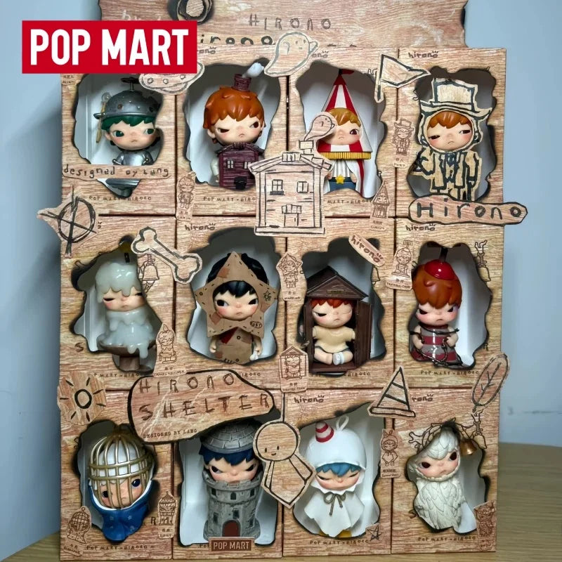 A display of Hirono Shelter collectible figurines in various poses and outfits.